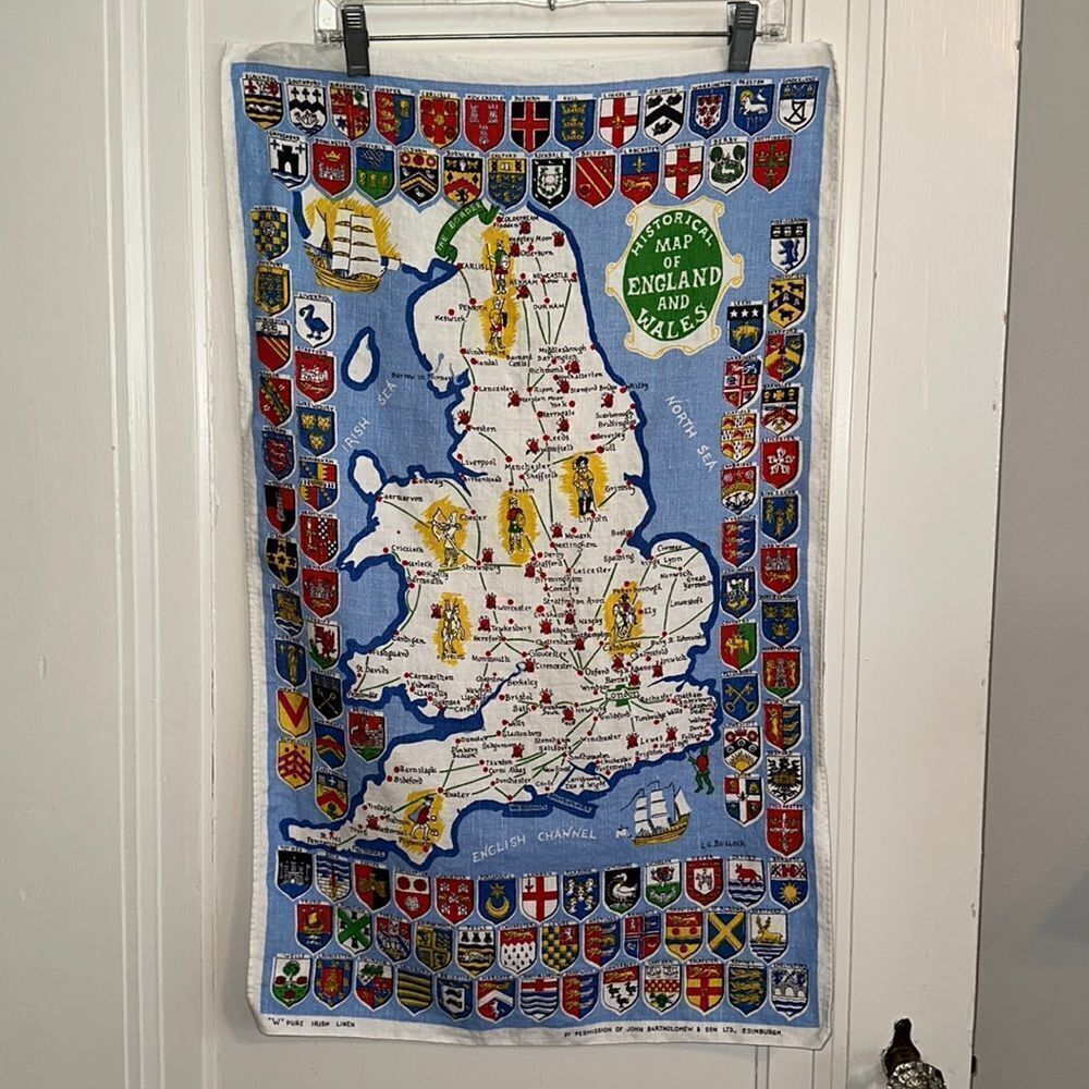 Vtg Irish Linen tea towel/wall hanging of a Historical Map of England and Wales